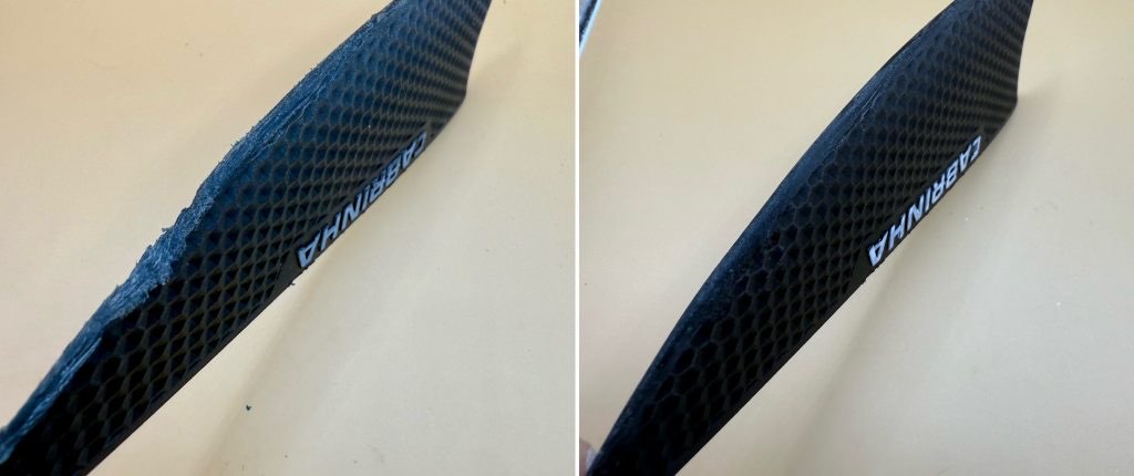 A kiteboard fin with a chewed leading edge, and the same fin repaired