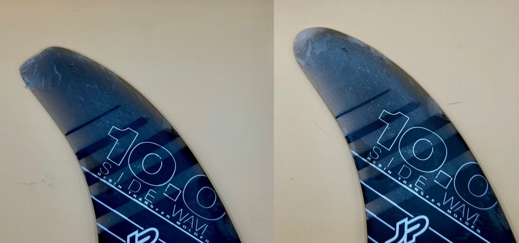 A windsurf fin with a damaged tip, and the same fin repaired